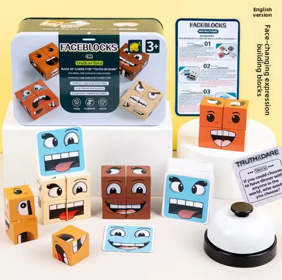 ألعاب ذكاء تعليمية مبكرة مكعبة تغيير الوجه الخشبية مع زر جرس